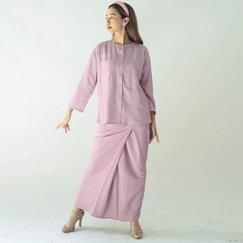 Oem New Design Plus Size Traditional Costume Borong Set Two Piece Single Breasted Plain Muslim Women Malaysia Baju Kurung