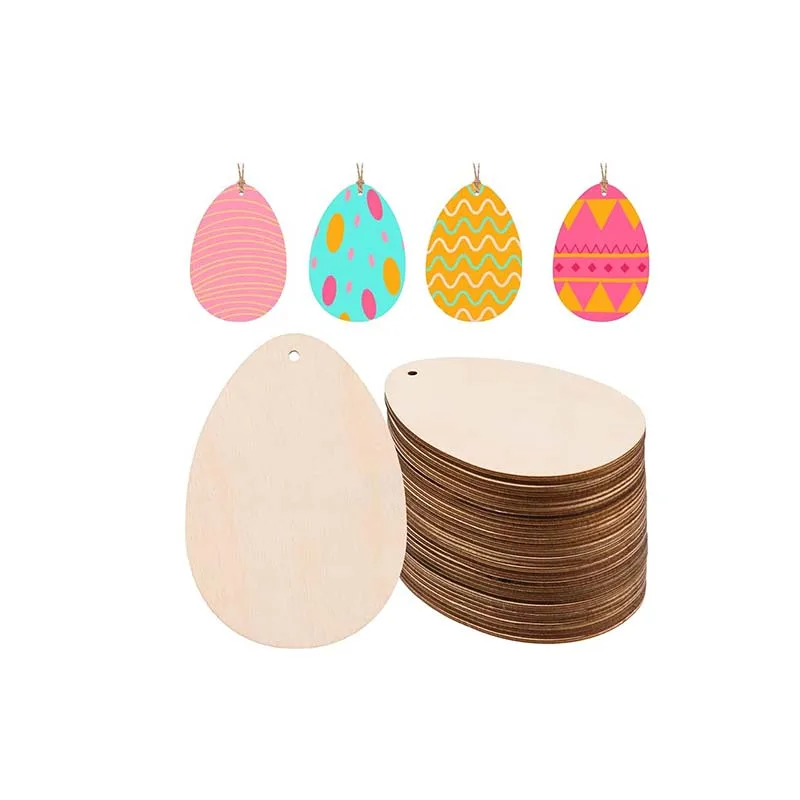 Wooden Egg Cutouts with Hole Unfinished Hanging Ornaments Blank Twine for DIY Crafts Gift Tags Spring Party Decoration