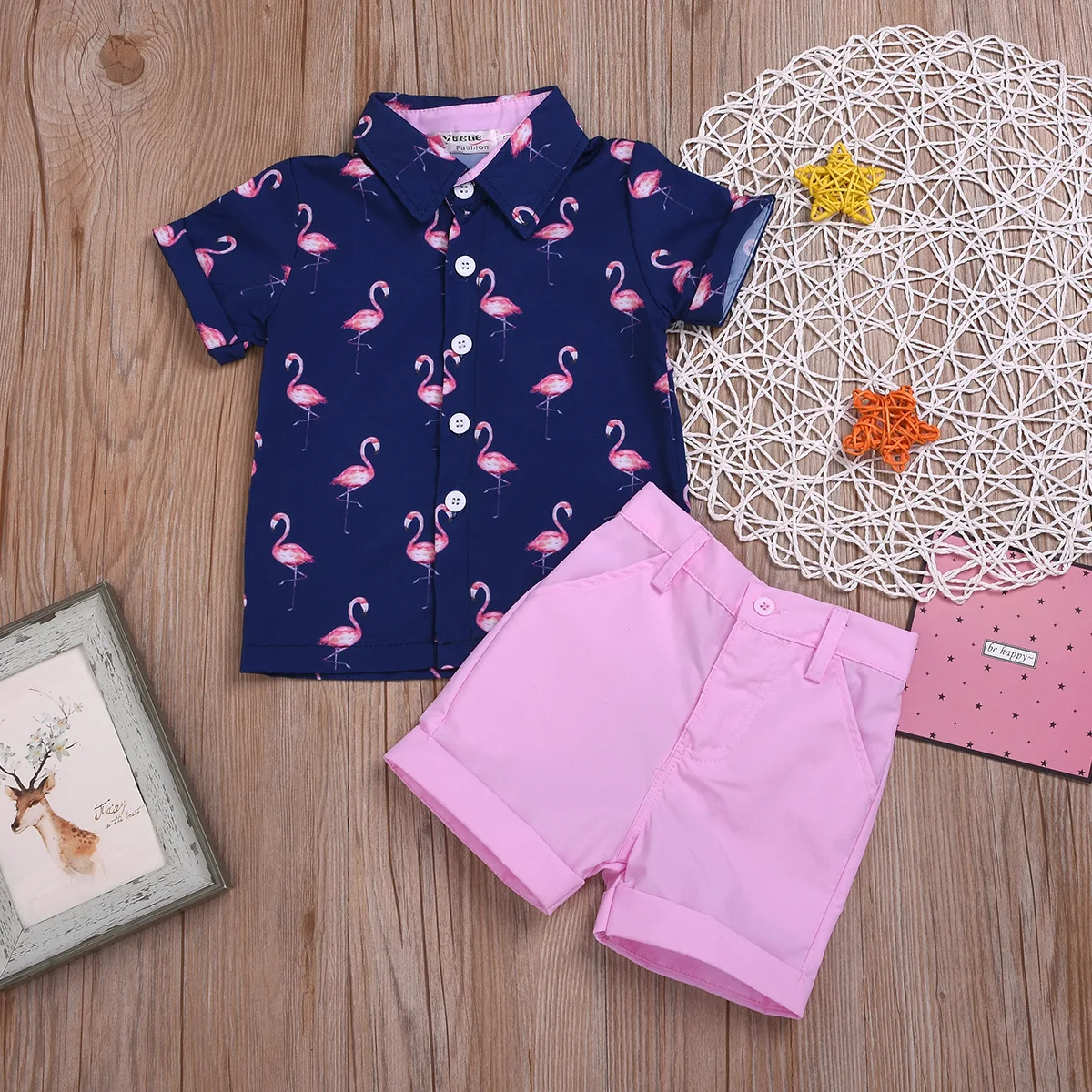 2024 New Arrival Summer Casual Boys 2 Pieces Clothing Set Short Sleeve Flamingo Printed Shirt +Pink Shorts Clothing Set For Kids