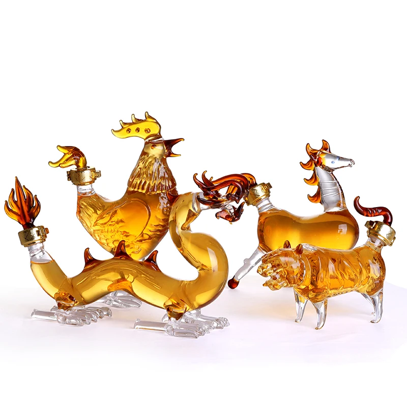 Chinese Zodic Animal Cartoon Whiskey Decanter Glass Art Bottle Customized Glass Dragon /Animal Shaped Liquor Wine Bottle