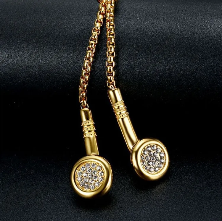  Luxury Brand Personalize Hip Hop Music Jewelry Gold Titanium Steel Diamond DJ Earphones Earplugs Necklaces For Men