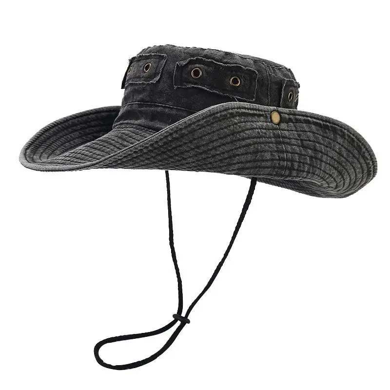 Wholesale Wide Brim Washed Cotton Cowboy Hat With Fold up Button Custom Survival Hat Out Door Fishing Hat