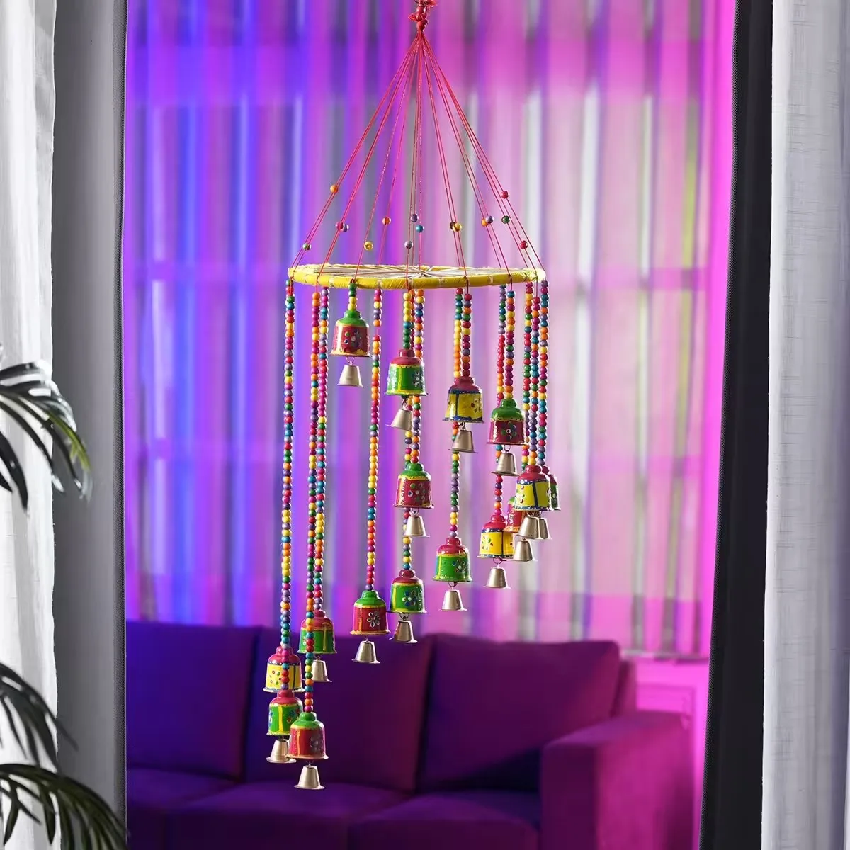 8 Inch Handcrafted Multi-Color Wooden Bell Home Decorative Accessory with Hanging Bells Unique Hand Crafted Design