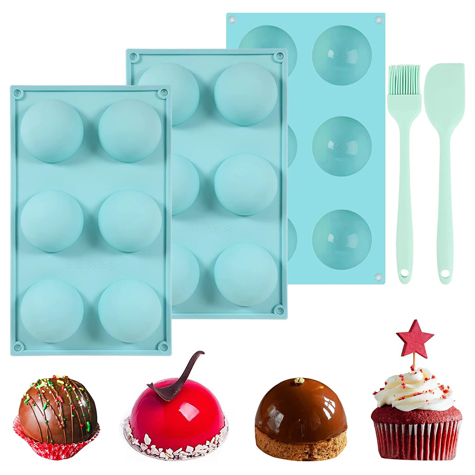 Bpa free Food Grade Silicone Baking Mold Non-Stick Silicone chocolate mold Blue Half Ball Sphere Molds with Brush and Spatula