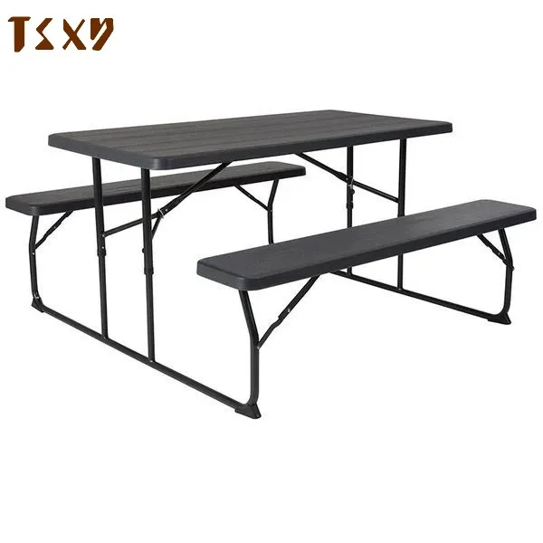 Portable Foldable Snack Outdoor Garden Furniture Picnic Set Camping Woodgrain HDPE Panel Top Table Metal Frame