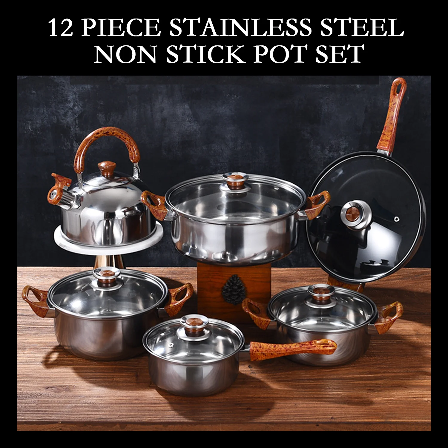 Home Kitchen 12 pcs Stainless Steel Pots And Pans Nonstick Coating Cookware Sets With Kettle Cookware Soup Pot Sauce Pan set