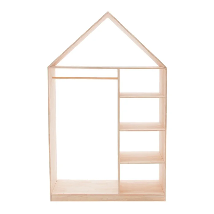 Wardrobe handle wooden designs Factory House Shaped Simple Children Clothing Display Stand Wooden Clothes Rack for shop store