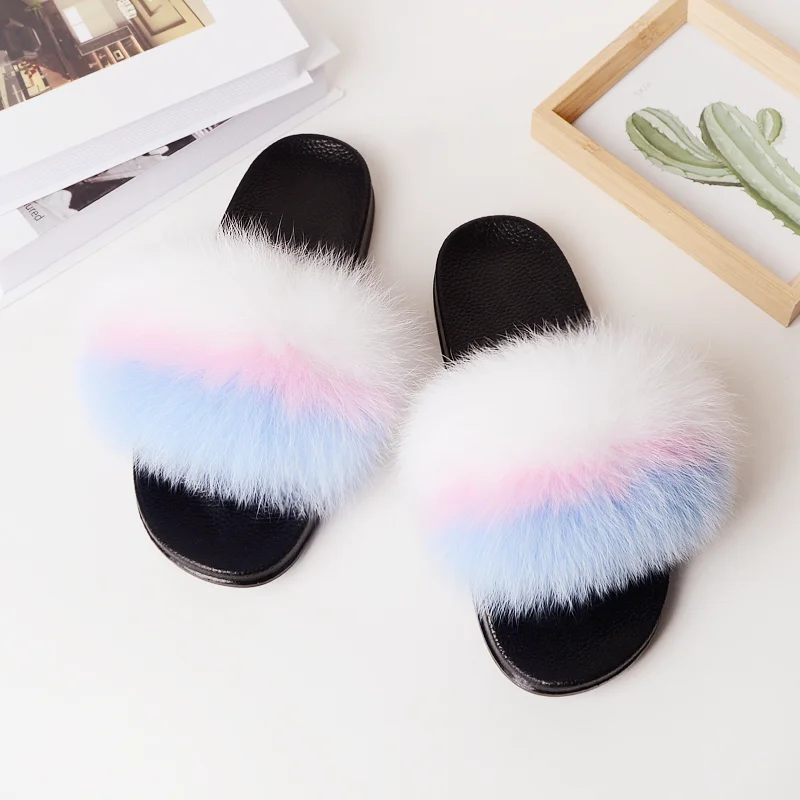 
black and purple blend popular women soft fur 100% fox fur slippers 
