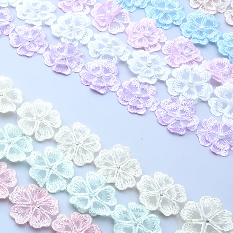 3D Flower Design Embroidery Lace Trim with Beads Disposable Embroidery Fabric 100% Polyester Sustainable Embroidered 4cm Width