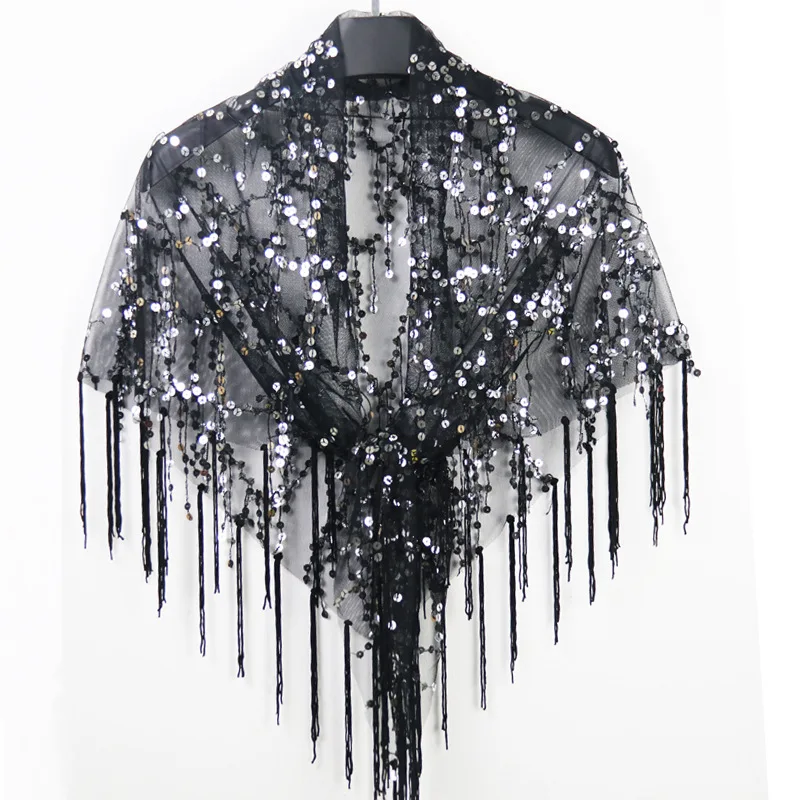 Classical Shiny Sequin Fringe Shawl Triangular Hip scarf for Evening banquet Party Dance performance dress wear accessory