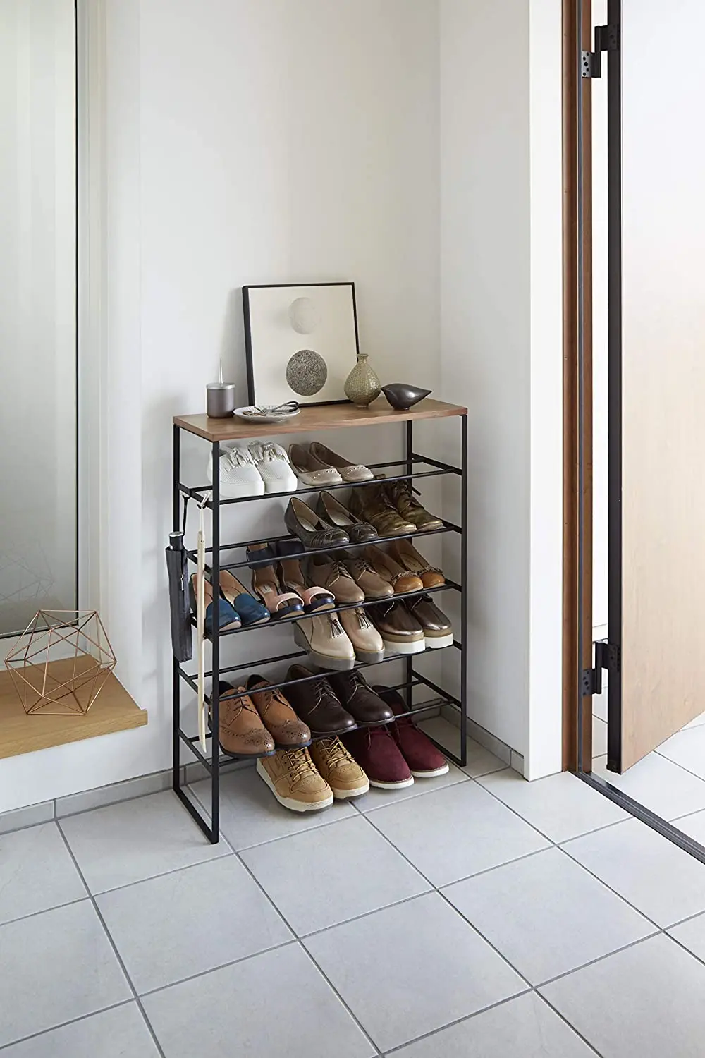 Japan hot sale Home 6 Tier Wood Top Shoe Rack  metal tube Powder coating shoe storage rack for entry home furniture