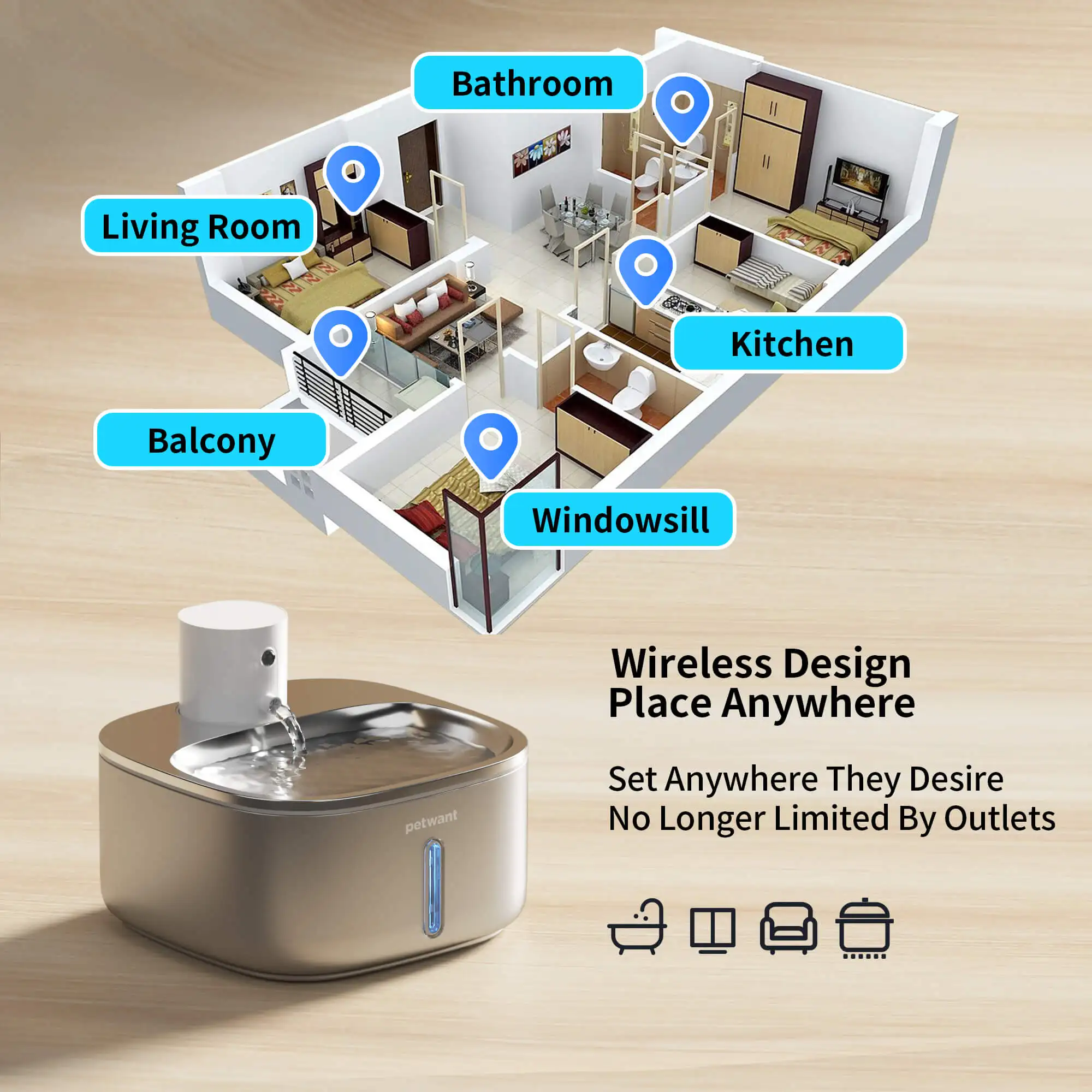 Petwant 3.2L Stainless Steel Wireless Battery Operated Pets Drinking Water Fountain for Small Animals Dogs Cats