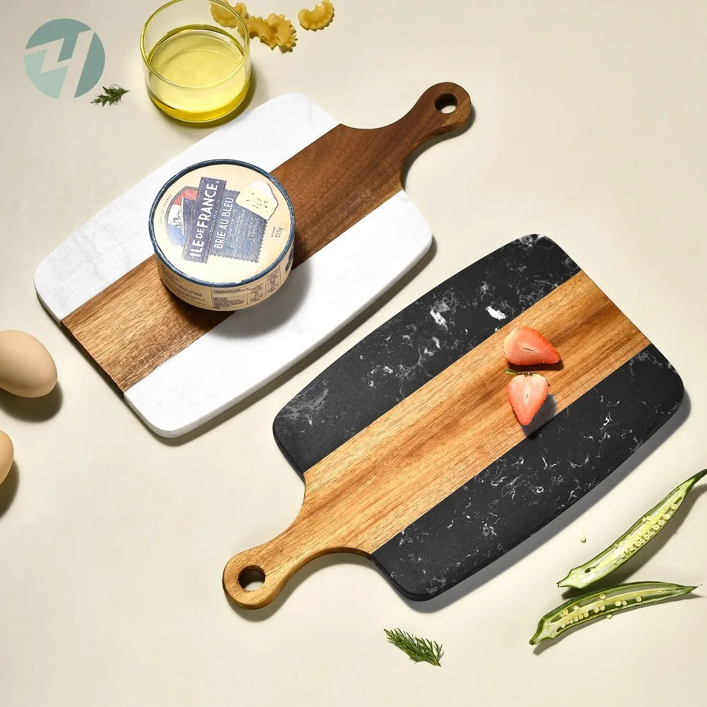 New Design Steak fruit cutting boards Premium Cheese board black square acacia wood spliced marble cutting board with handle