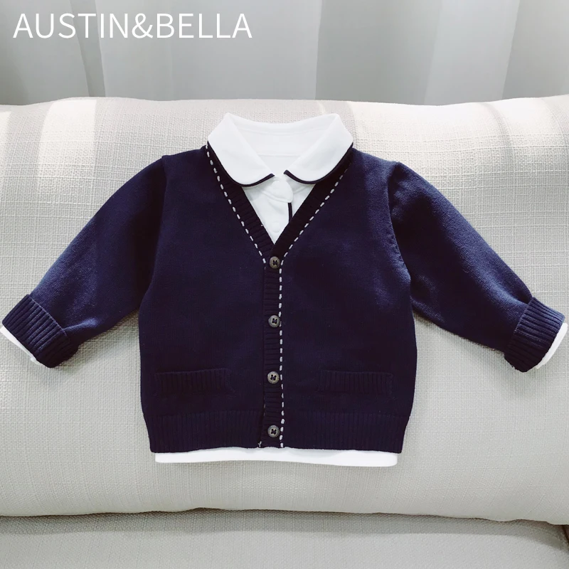 AustinBella/оптовая продажа бутик вязаная Осенняя детская одежда дизайнерские кардиганы для маленьких мальчиков 100% хлопок Детские простые свитера