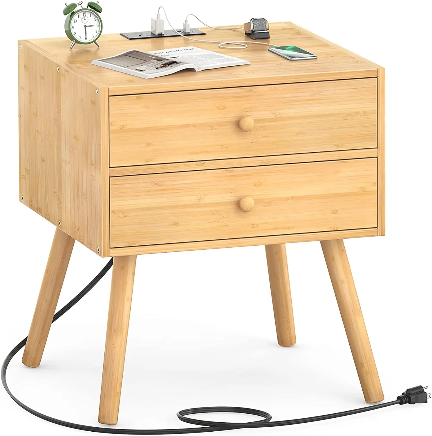Bedroom Bamboo Mid Century Modern Nightstand Solid Wood Bedside Table with Charging Station USB Outlet and 2 Drawers
