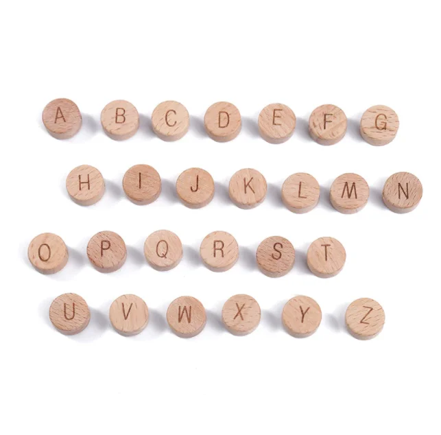 Wholesale 15mm Beech Wooden Flat Alphabet Beads Round Letter Disk Bead Infant Teething Pacifier Clips Making Accessories