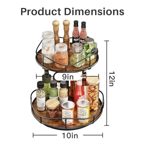 Lazy Susan Organizer Turntable Spice Rack - 2 Tier Wood Rotating Lazy Susan for Cabinet Pantry Kitchen Countertop Dining Table
