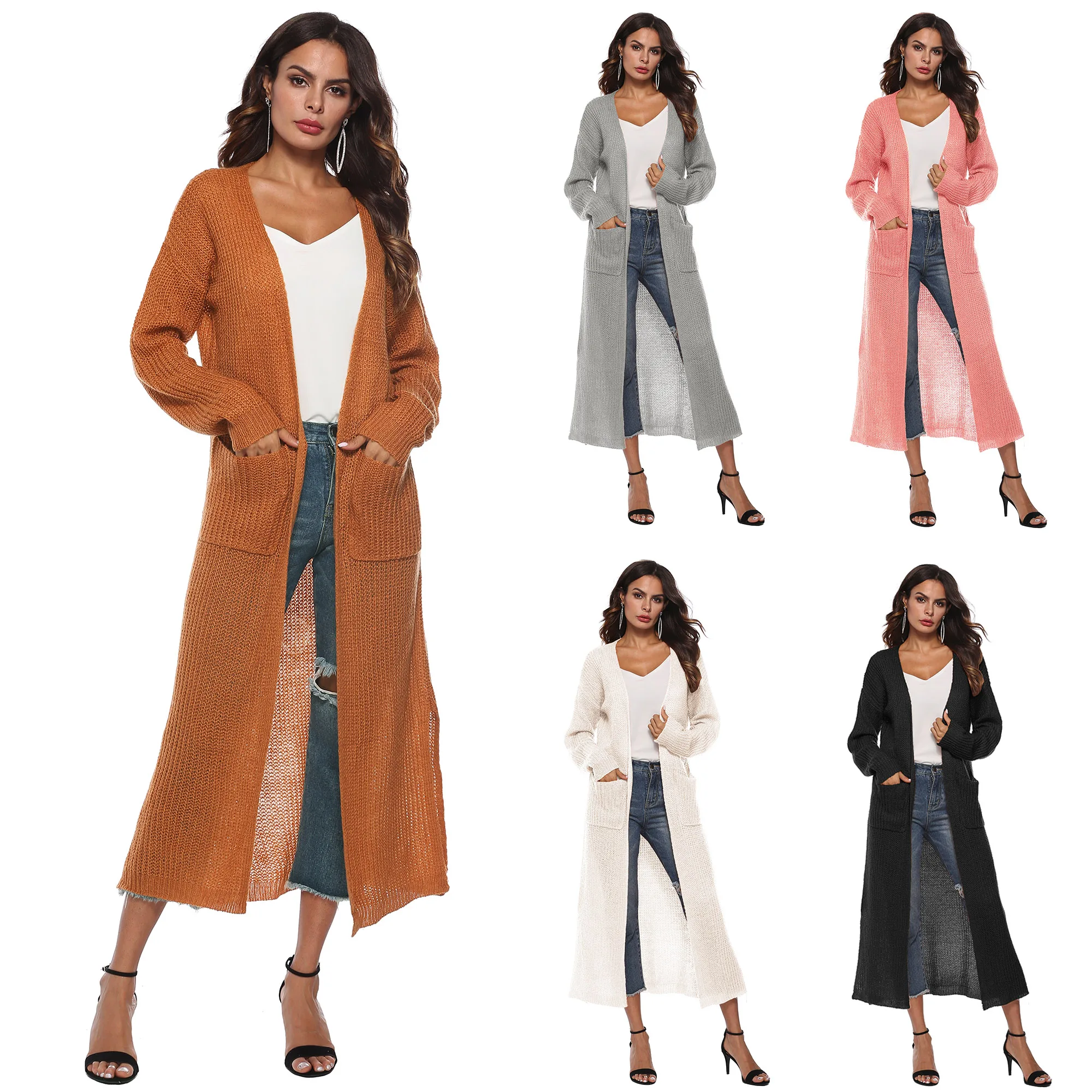 Factory Casual Long Sleeve Ladies Long Cardigan with Pockets Sweater Cardigan for Women