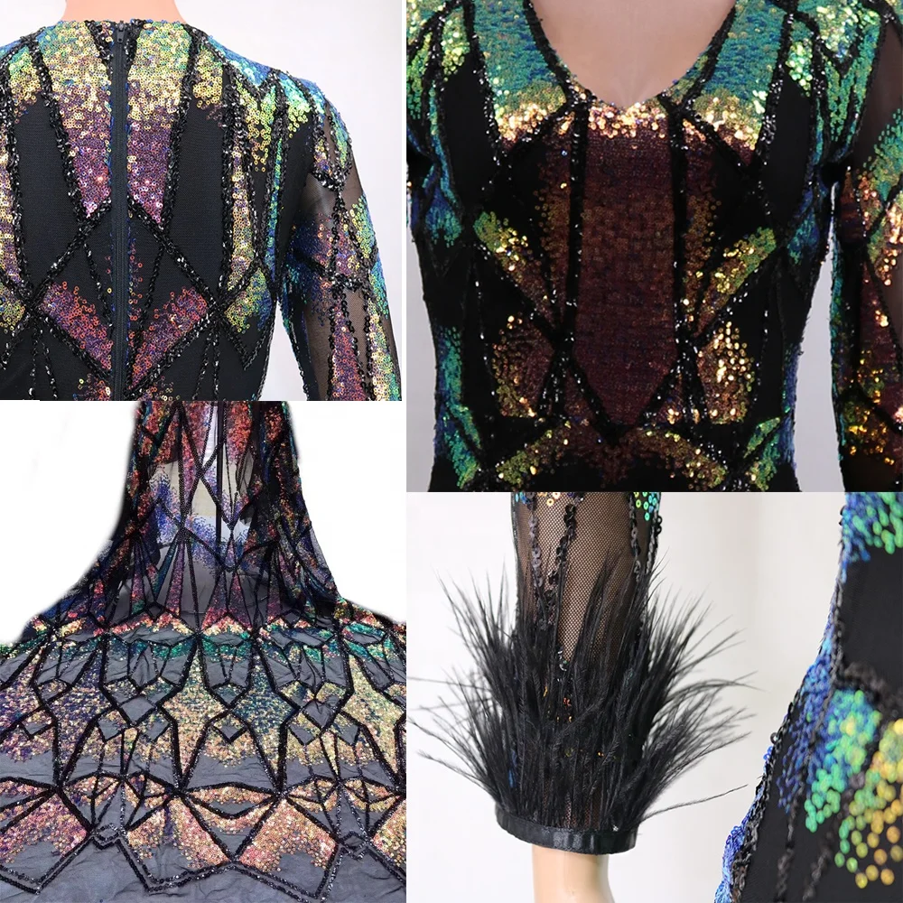  2021 Women Sexy Long Sleeve See Through Fur Crystal Sequined Mesh Dress for Club Party