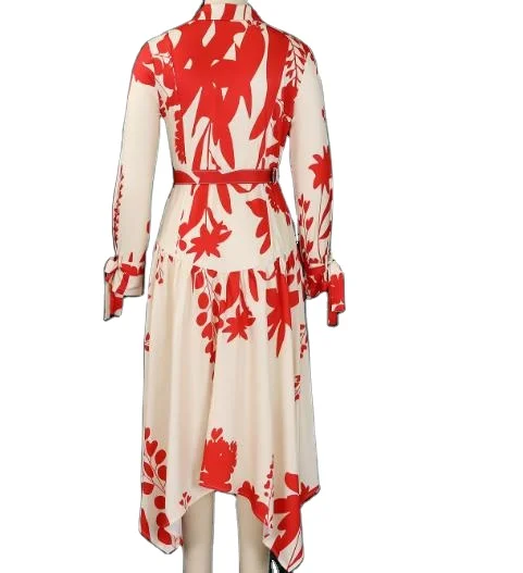 Large size Lapel Long sleeve Irregular Hem Temperament Fashion Print Shirt Dress Woman casual plus size Dress