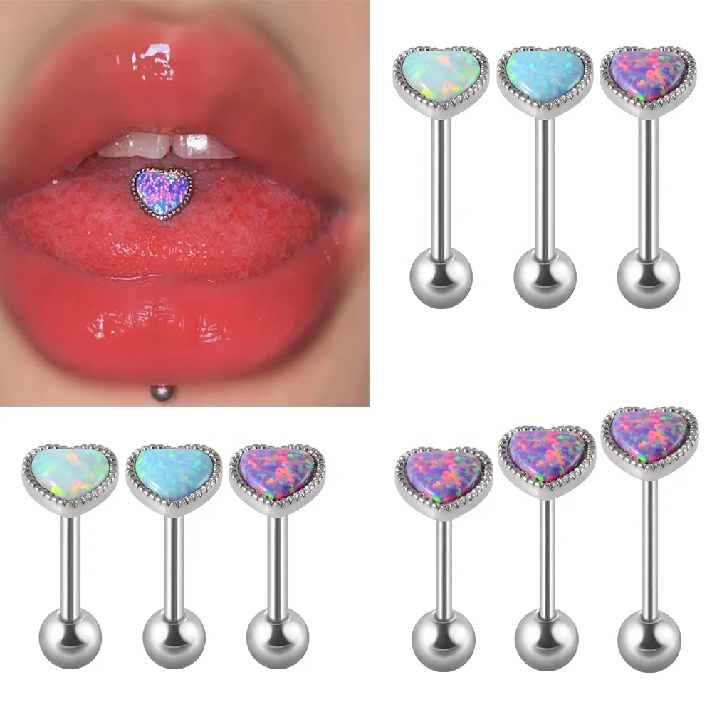14G/16G Surgical Steel Fine Opal Heart Tongue Barbell Screw-on Piercing Sexy Jewelry Tongue Piercing Studs  Wholesale