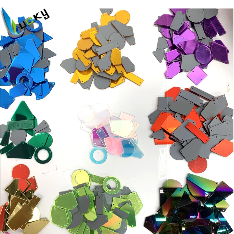 Lucky factory 500 PCS single color mix 10 shapes  acrylic  mirror stone sew on rhinestone  acrylic shaped stone