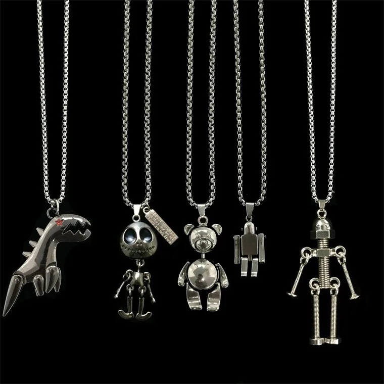Retro Movable Men and Women Pendant Ins Hip Hop Cool Cartoon Cute Bear Dinosaur Robot Necklaces