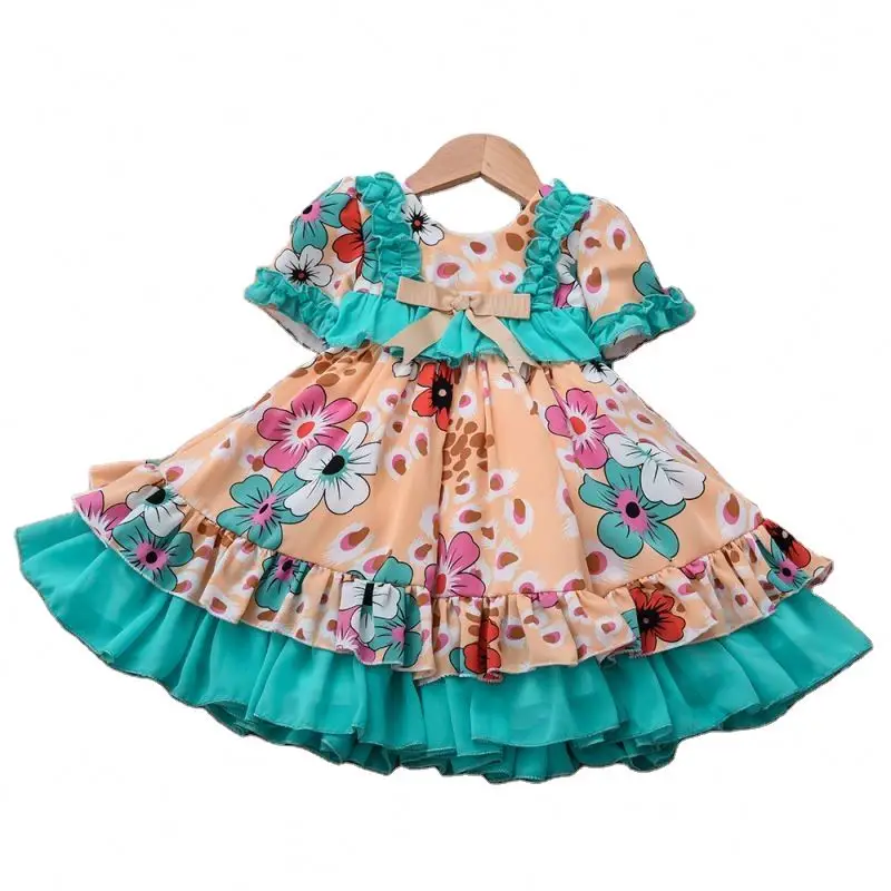MKMNBoutiques Fall Toddler Vintage Green Girls Smocked Clothing Fancy Short Sleeve Kids Clothes Floral Baby Girl Dresses Spanish
