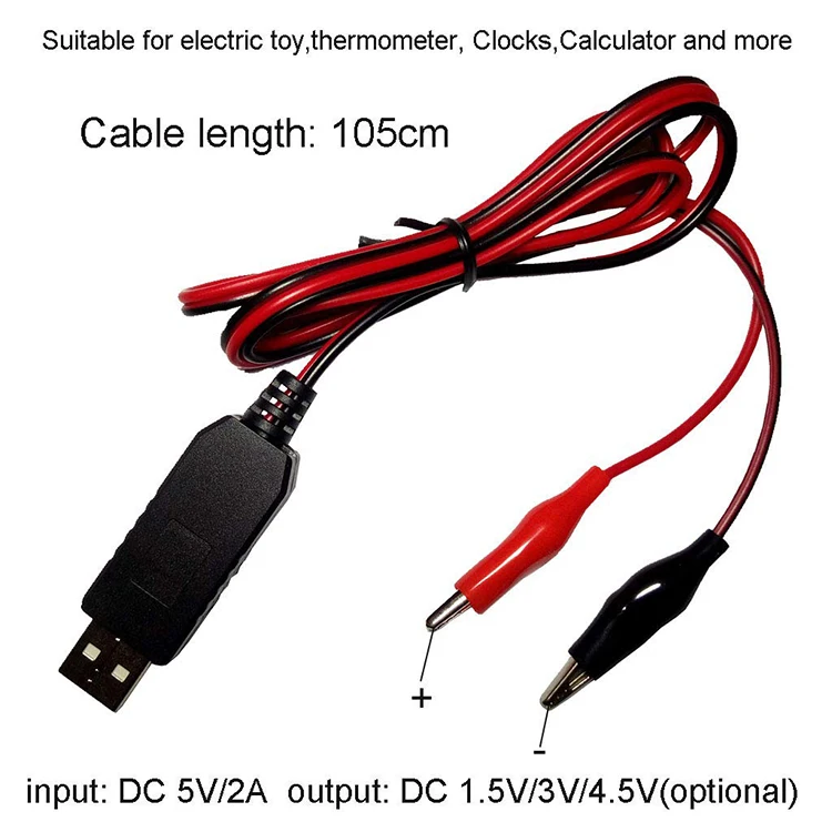 Replace AA AAA battery power supply cord. This eliminates the need for 1.5V AA AAA batteries. Suitable for electric toy,Thermometer, Clocks,Calculator,power remote controller, wireless mouse, keyboard, Walkman and more devices Input USB 5V,output DC 1.5V,3V,4.5V(optional)but this cable can not use to charge battery. Output 1.5V Replace 1 AA battery,Output 3V Replace 2 AA battery,Output 4.5V Replace 3 AA battery.