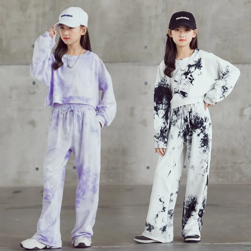 Girls sports casual suit tie-dye short hoodie Big teen Girls Cami Top with Wide Leg Pants two sets