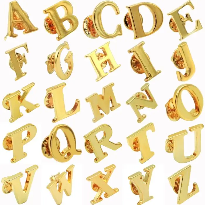 Fantasy Gold 26 Alphabet A-Z Brass Logo Men Collar Lapel Pin Brooches