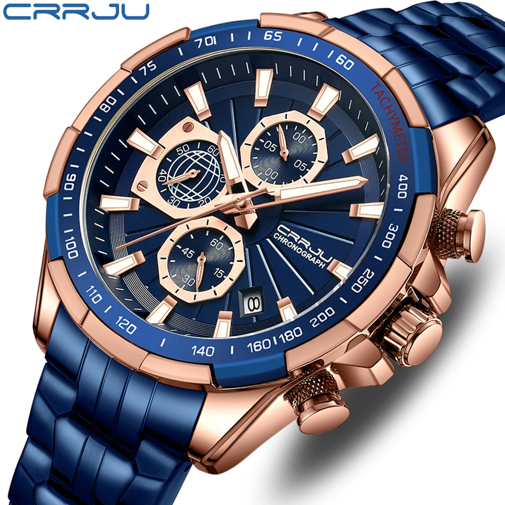Crrju Manufacture  waterproof solid  Stainless Steel Chain alloy case  green luminous Wrist men Watch reloj de hombre