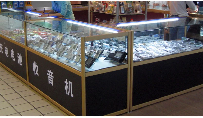 Aluminum frame silver pink color glass and MDF corner showcase design with storage cabinet