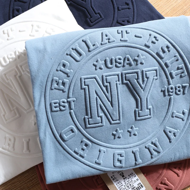 mens embossed 3d t-shirts customizable cotton crew neck custom tee shirt with tags and labels men streetwear t shirt oversized