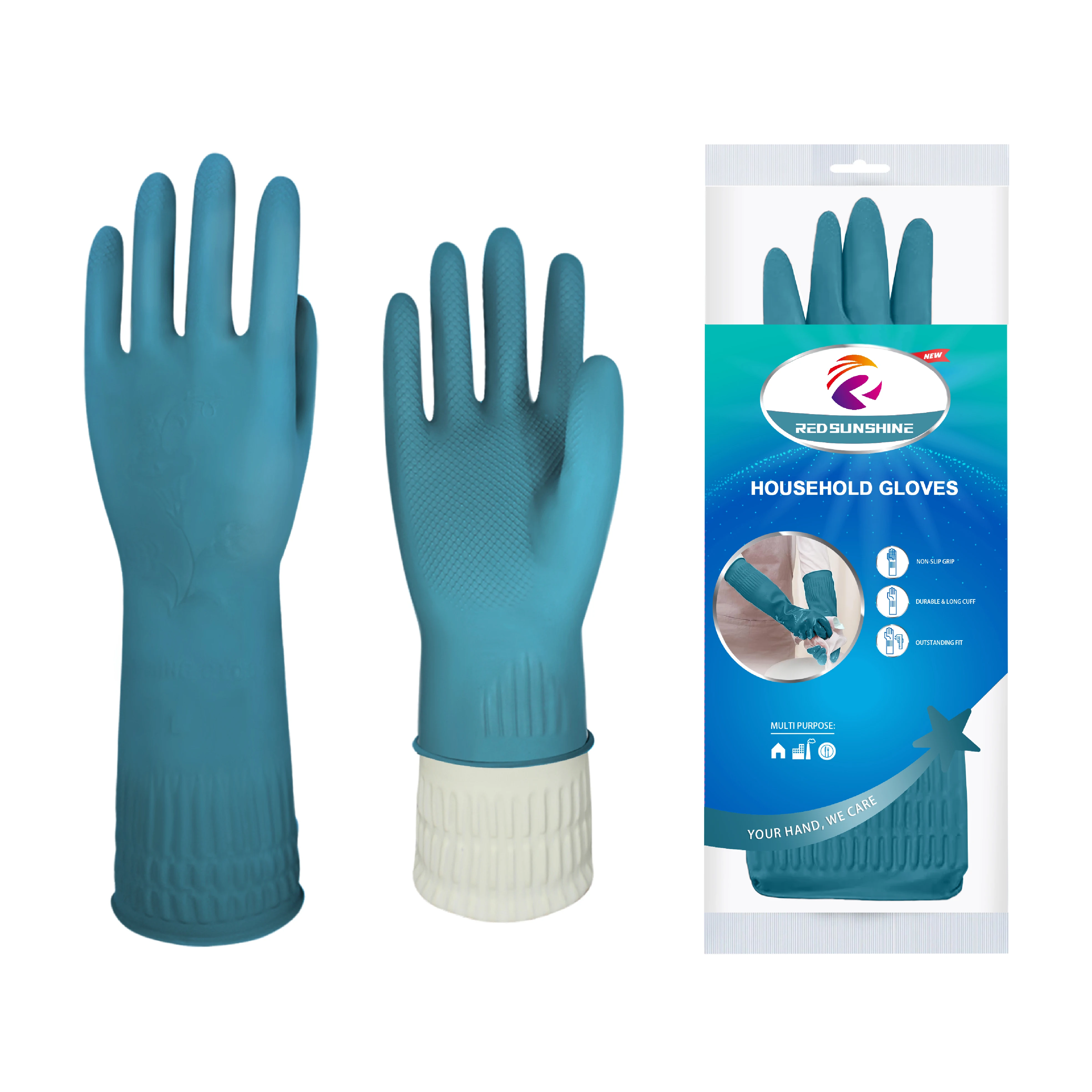 38cm Long Sleeve Flock Lined Reusable Household Natural Rubber Latex Gloves for Kitchen Cleaning Dishwashing Laundry Gardening