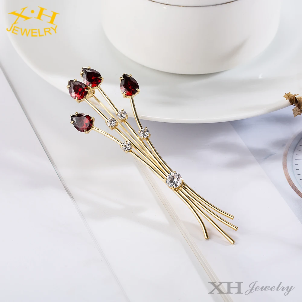 High quality Fashion Custom CZ Diamond Water Drop Wheat Brass Copper Pin Brooch For Women Girls Bridal