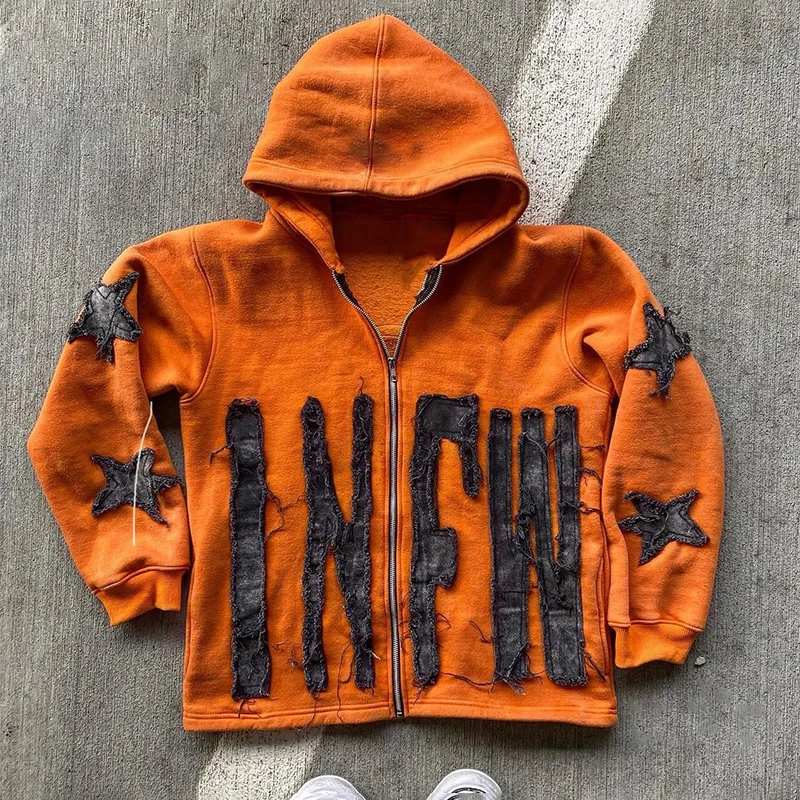 Manufacturers Oversized Streetwear Custom Logo Applique Embroidery Hoodie for Men Heavyweight Zip Up Distressed Acid Wash Hoodie