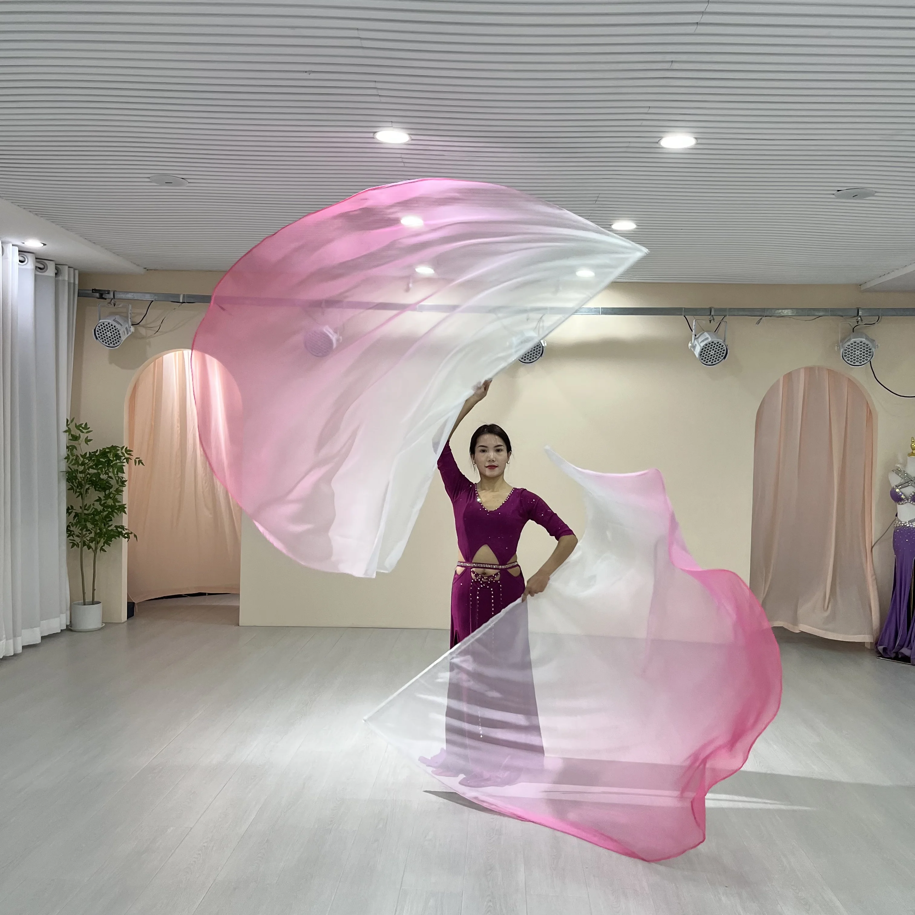 Women Performance Props Long Practice Fans Flag Chiffon Colorful Scarf Belly Dance Veil