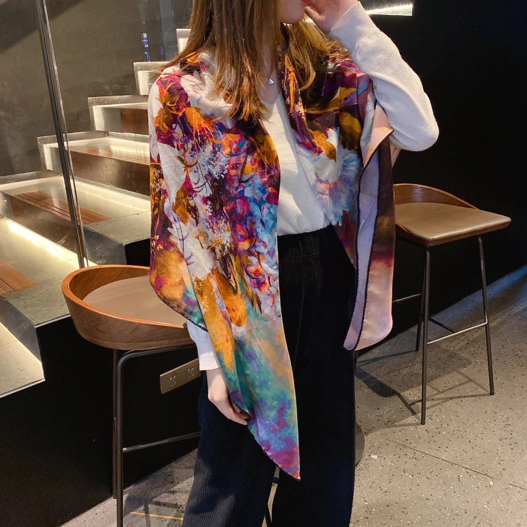 Luxury Large Shawls 140*140 Double-sided Blended Silk And Cashmere Scarf For Women