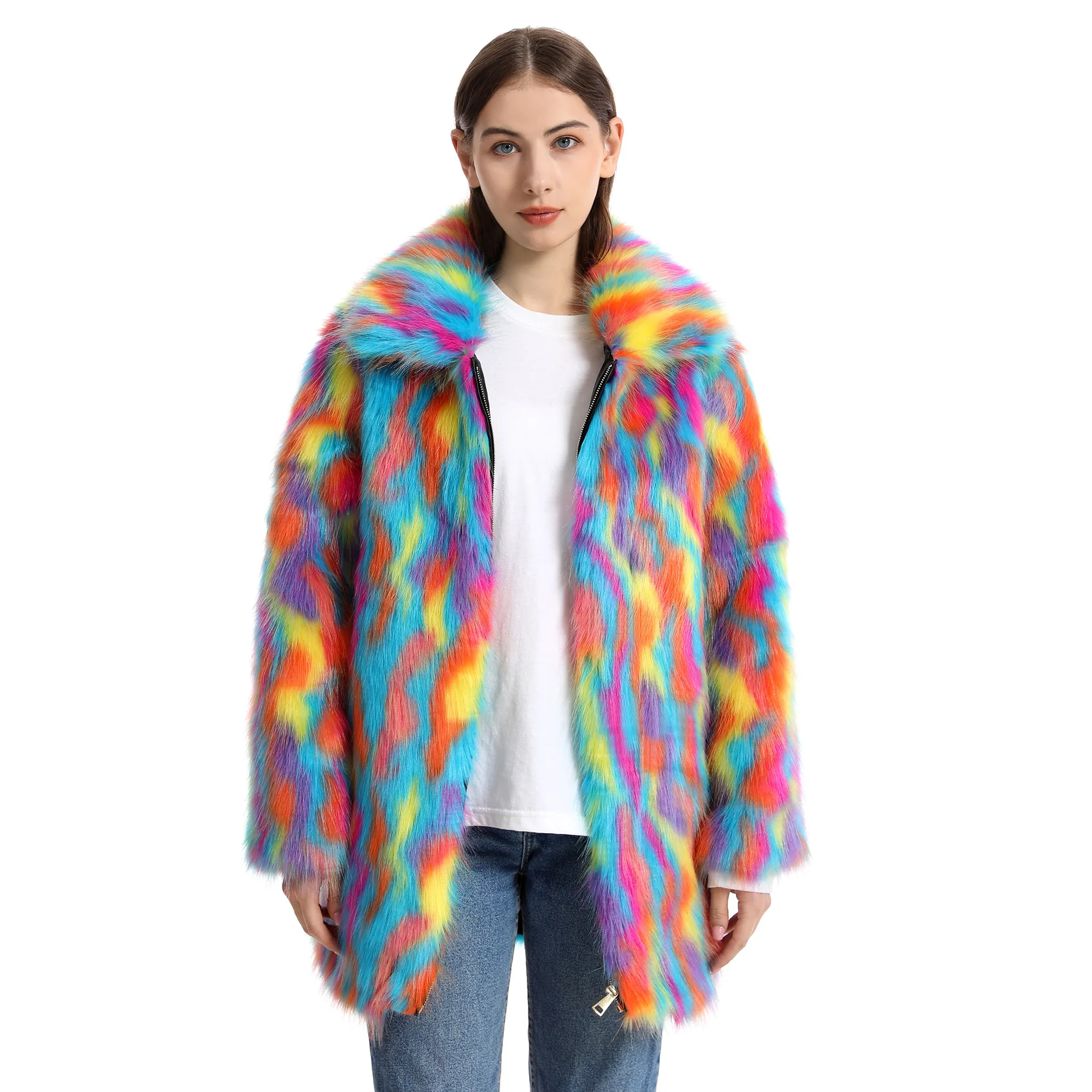 Custom faux fur coat  Wholesale WOMEN HOODED FAUX FUR COAT Colorful  rainbow Elegant Thick Faux Fur Coat