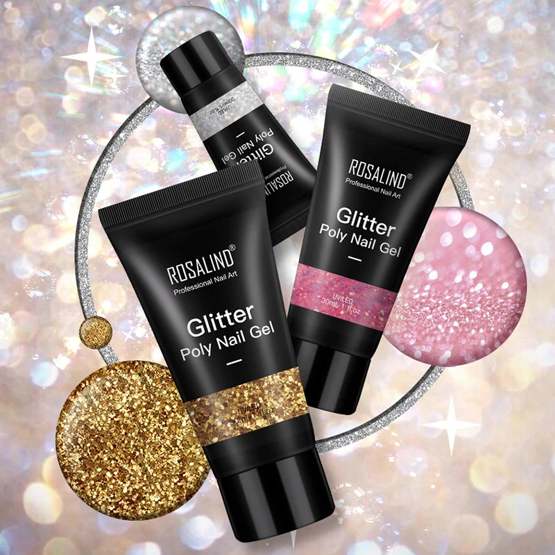 Rosalind oem your logo organic disco party glitter hard nail extensions glue wholesale extend poly nailpolish uv lamp gel polish