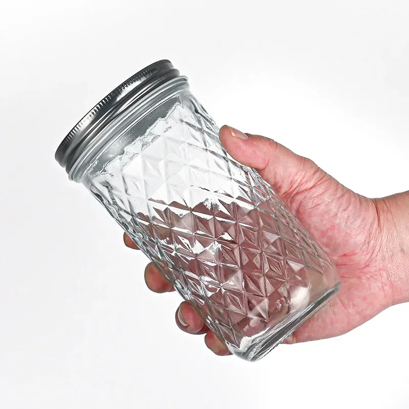 Kitchen Supplies Wholesale 14oz 10oz 8oz 3.5oz Empty Glass Diamond Pattern Mason Jars With Metal Lid
