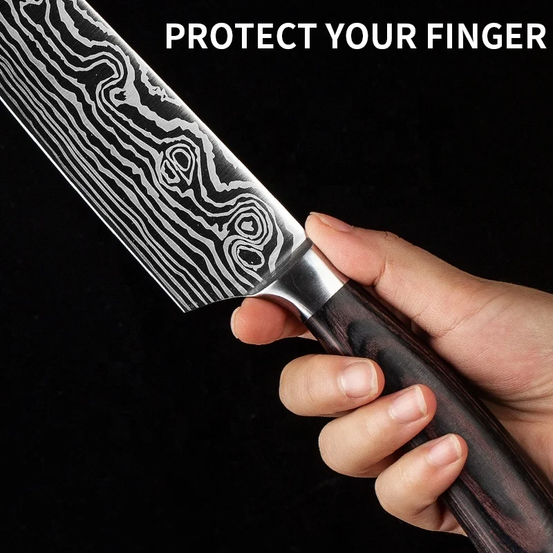 Damascus Laser Patterns Kitchen Japanese Knives set with Pakka Color Wood Handle Stainless