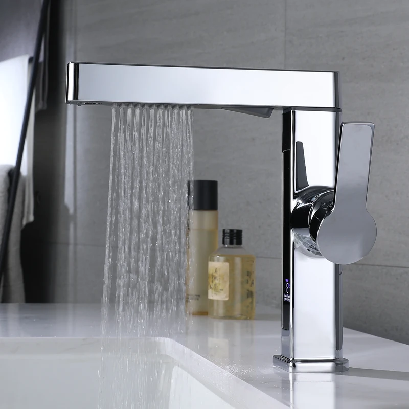 Digital Temperature Display Chrome Color Deck Mounted Pull Out Spray Lavatory Sink Bathroom Basin Faucet Mixer Tap