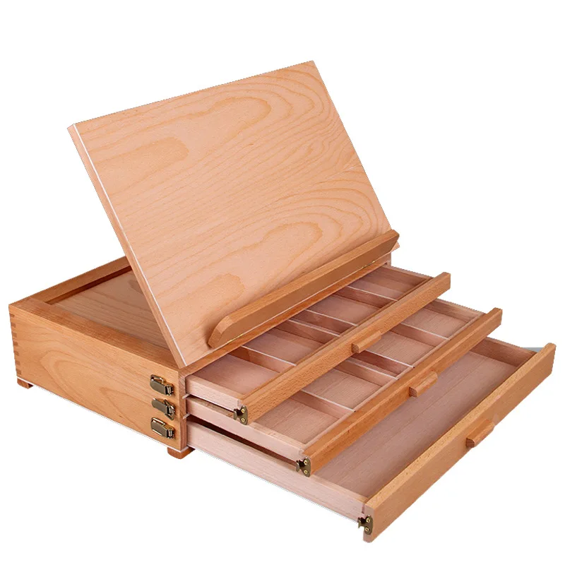 XinyiArt Multi Function Solid Beech Wood Storage Box Easel Adjustable Artist Tabletop Sketch box Easel with 3-Drawer  for Artist