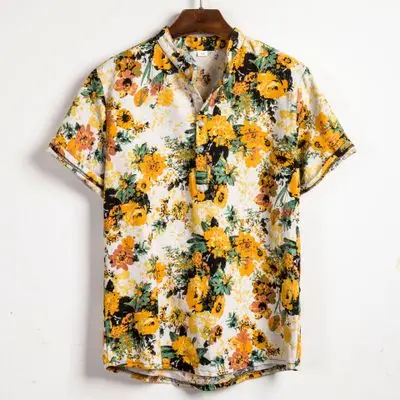 Hot sale Short Sleeve Casual Flower Cotton Linen shirt for men