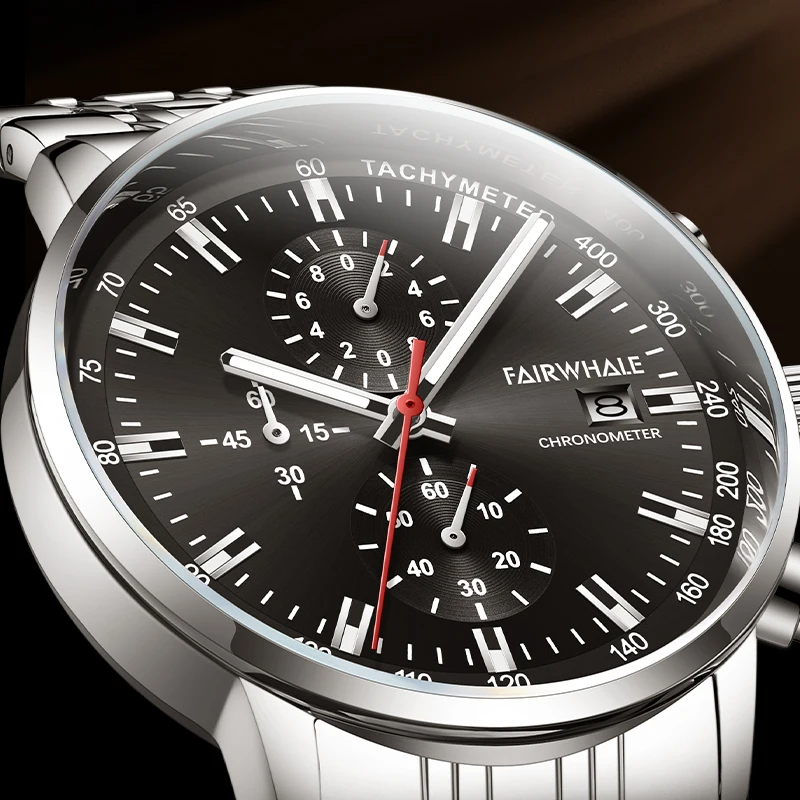 Fairwhale Men Classic Design Wrist Watch Luxury Chronograph Stainless Steel Strap Quartz Watch