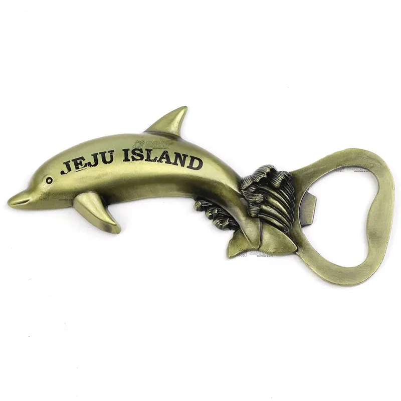 Custom Designed Printed Logo Dolphin Shaped JEJU Island Beach Metal Souvenir Bottle Opener Magnet