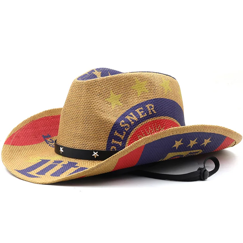 Classic American Flag PanamaJazz Straw Hat for Men Women New Outdoor Western Cowboy Hat for Casual Sports Travel for Adults