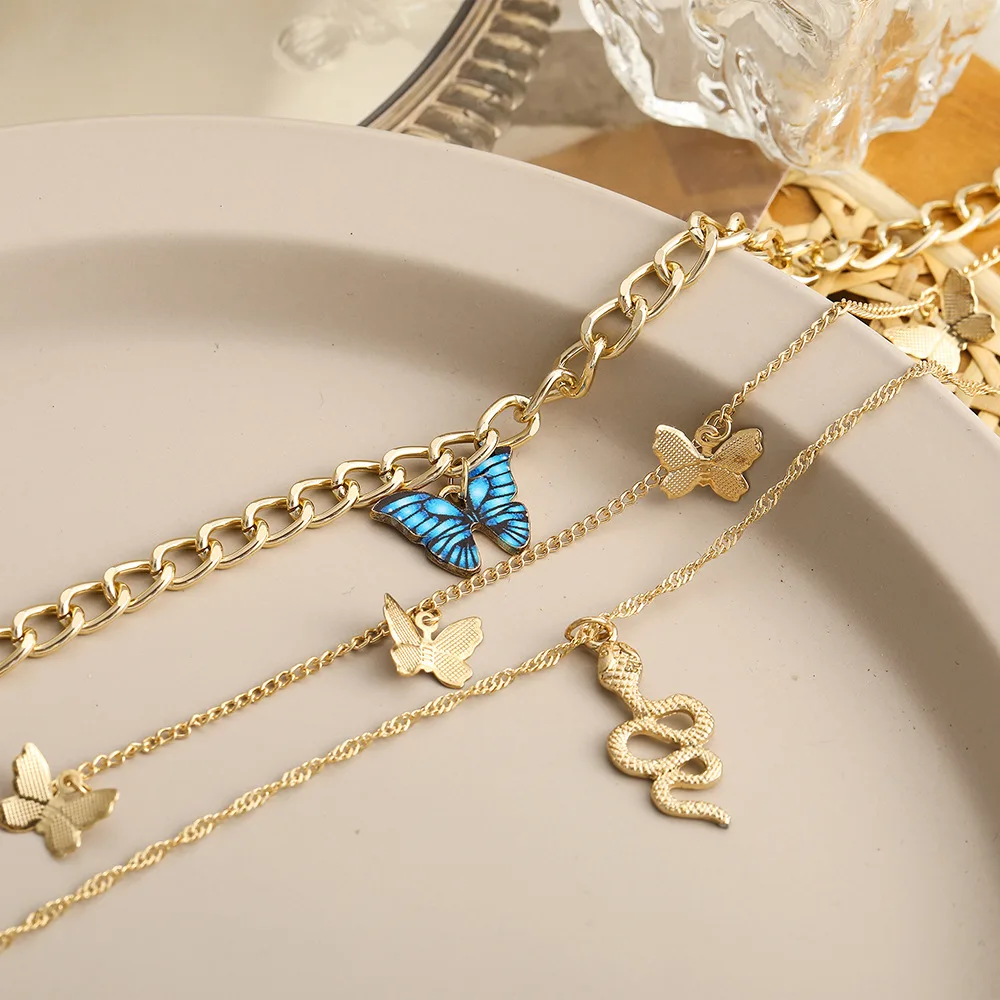 2022 Fashion Retro Long Adjustable Gold Plated Necklace Blue Snake Multilayer Necklace Three Floors Butterfly Necklace for Women